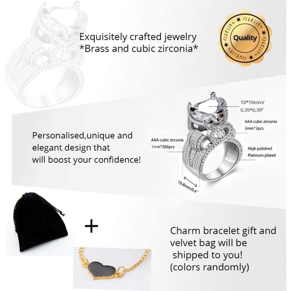 🆕 Women Silver Cubic Zirconia Ring Platinum Big Love Heart Statement Engagement - Picture 6 of 7